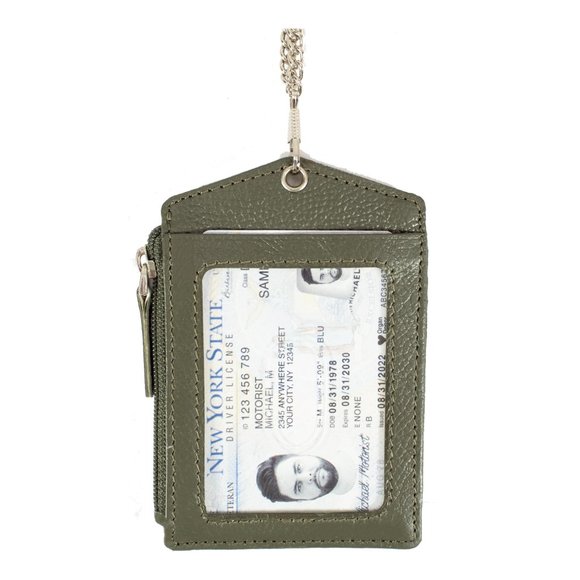 ID Lanyard Card Holder in Genuine Leather with Long Metal Chain - Picture 4 of 9